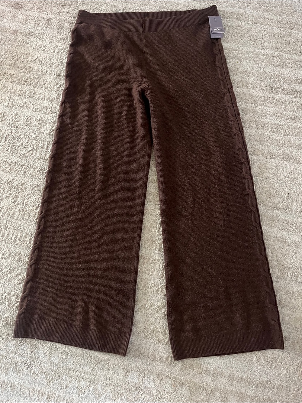 NWT Auden Luxury Collection Cozy Brown Wide Leg Pull On Cable Knit Pants Large